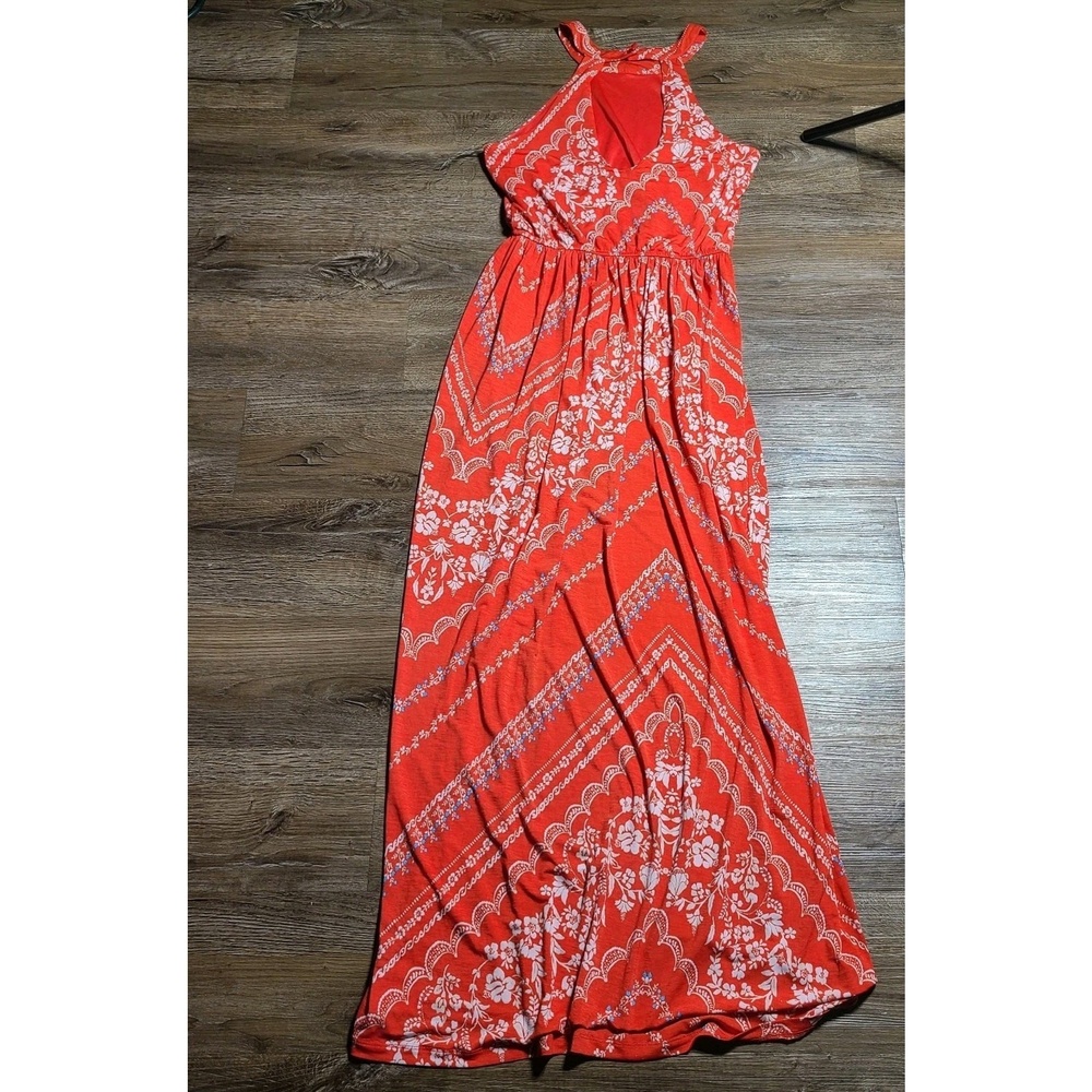 Three Pink Hearts XS Red Floral Halter Maxi Dress Boho High Neck Cutout Back... - Picture 9 of 10